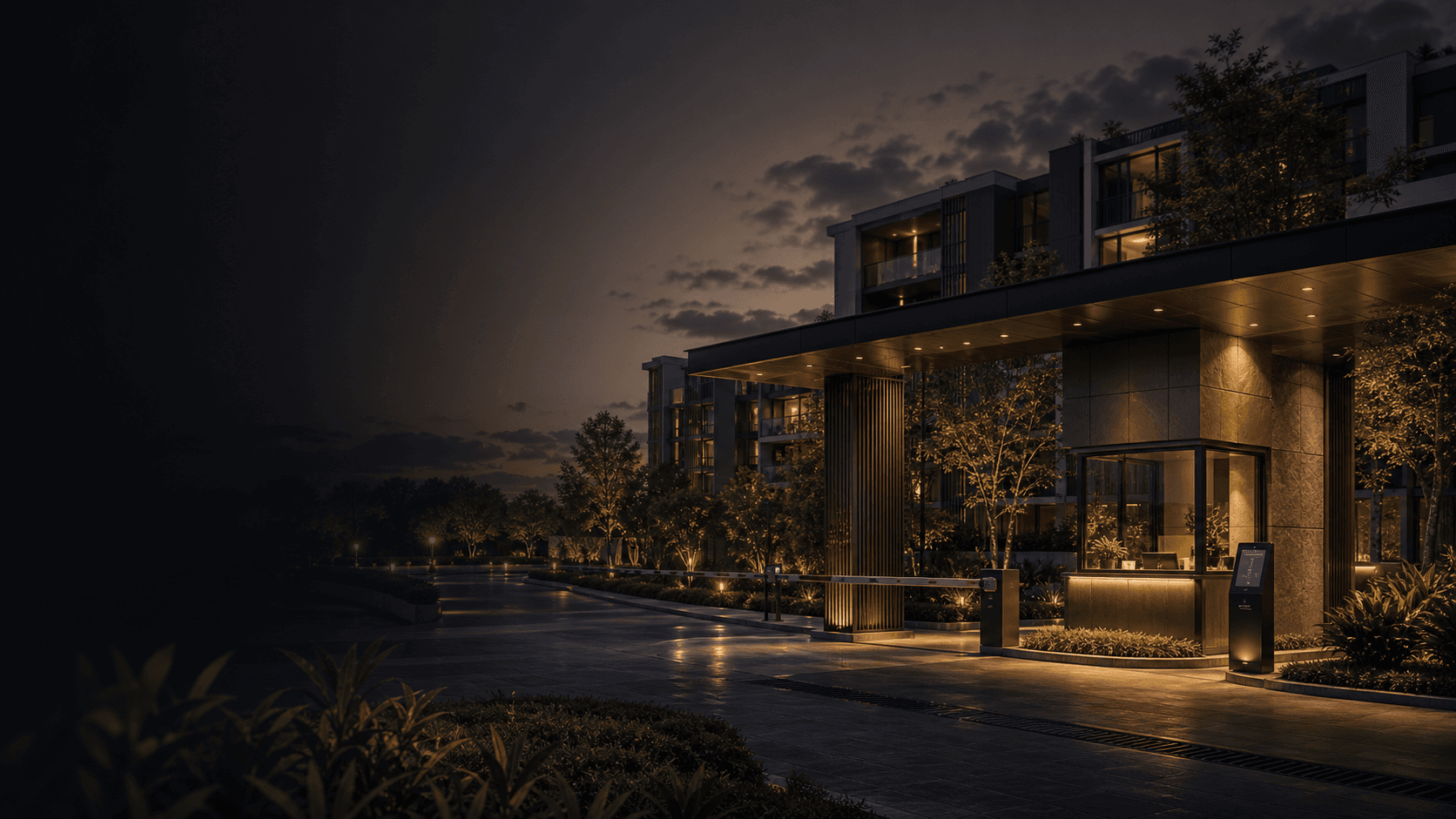 Secure residential community entrance at night representing Kavach360 trust boundaries